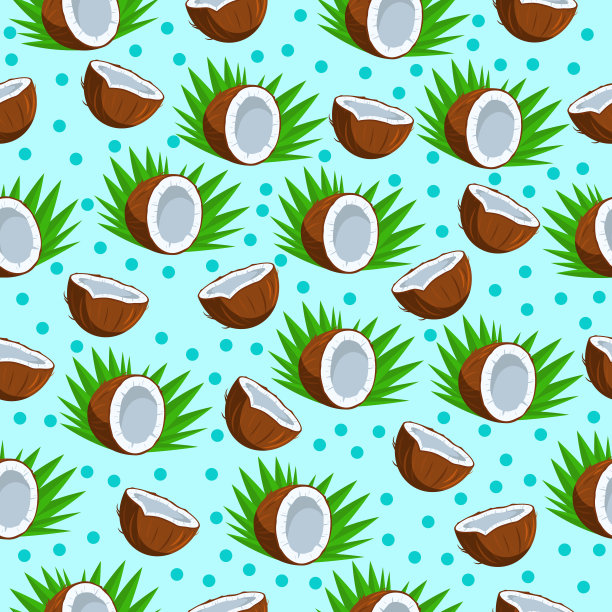 水果无缝模式。夏季向量背景与一半椰子和棕榈叶的蓝色背景。用于面料、包装、壁纸的设计。图片下载