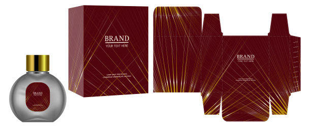 包装设计，标签香水或化妆品容器与豪华盒模板和模型盒，插图向量。图片下载