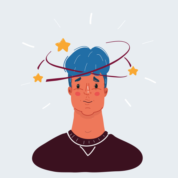矢量插图的人，他的眩晕的头。在白色背景下，男性不知所措的面部概念。图片下载