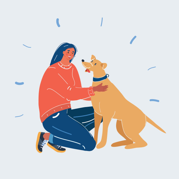 矢量插图的女人抚摸她的狗在白色的背景。图片下载