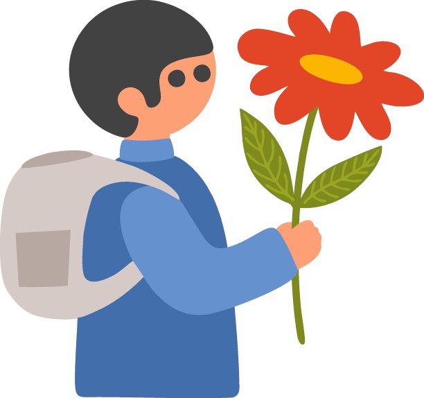 小男孩带着大花去上学。给老师上课。向量插图的学生在九月。图片下载