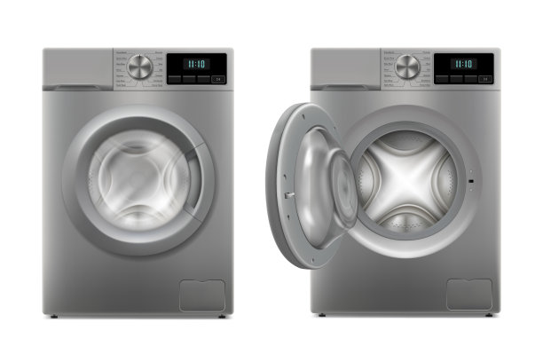 现代洗衣机，开门和关门，正面。Wacher的设计模板。前视图，洗衣概念。3D现实的矢量插图，孤立在白色背景上图片下载