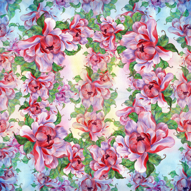 粉红色的牡丹花带叶。在水彩背景上拼贴的花，叶和芽。以水彩为背景的中国画风格的花朵。无缝模式。图片下载