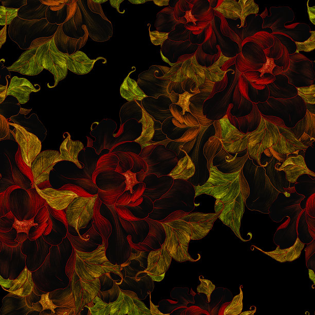 粉红色的牡丹花带叶。在水彩背景上拼贴的花，叶和芽。以水彩为背景的中国画风格的花朵。无缝模式。图片下载