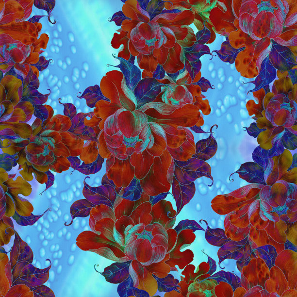 粉红色的牡丹花带叶。在水彩背景上拼贴的花，叶和芽。以水彩为背景的中国画风格的花朵。无缝模式。图片下载