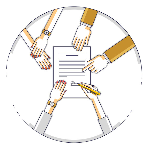 商人签署合同文件或银行客户在货币信贷的财务形式上签字，雇员帮助他并解释贷款条款，俯视图人的手。向量。图片下载