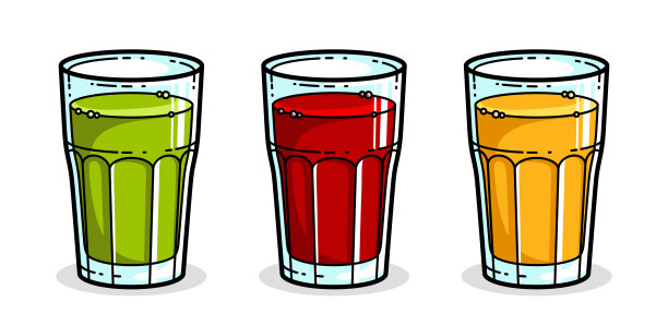 果汁集绿、红、橙于一体的杯架上孤立于白色背景矢量插图，卡通风格的标志或徽章为纯鲜榨果汁，减肥食品饮料美味健康。图片下载