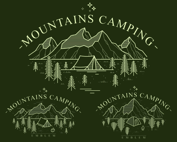 以山为山脉和松林为矢量的野营帐篷的直线纹章，以假日和假期为主题的线条艺术绘画，设计wanderlust的标志。图片下载