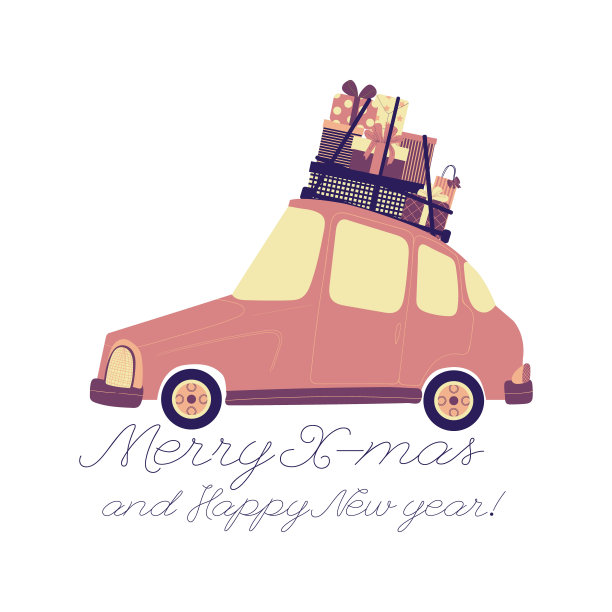 圣诞快乐和新年快乐明信片模板。矢量插图与可爱的彩色汽车与礼品盒和口号在卡通平sylle。图片下载