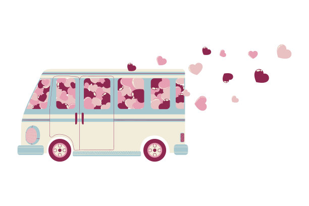 矢量手绘插图可爱的汽车或巴士与粉红色和红色的心为情人节。彩色货车与飞行的心剪辑艺术在平面设计?孤立在白色背景上。“n图片下载