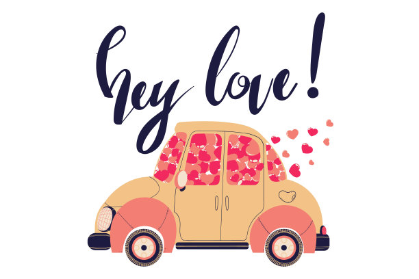 矢量手绘插图可爱的汽车与粉红色和红色的心和口号爱情人节a。彩色汽车与飞行的心剪辑艺术在平面设计，孤立在白色的背景。图片下载