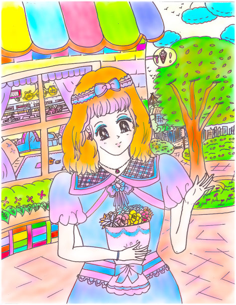 灿烂微笑的黑发少女少女漫画风格的花朵在冰淇淋咖啡馆儿童色彩艺术插图2021图片下载