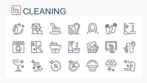 一组向量线性图标。清洗、家庭护理。图片下载