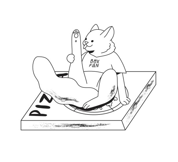 一只白色的毛绒绒的猫坐在一盒披萨上，用舌头舔着它毛茸茸的腿。创意矢量插图披萨广告或有趣的可爱贺卡在黑白风格。图片下载