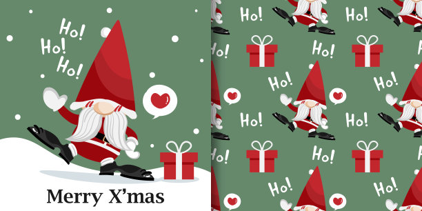 圣诞节日季节横幅与圣诞快乐的文字和无缝的图案的圣诞老人和礼品盒与Ho文本和心形状的文本框在绿色背景雪花飘落的背景。图片下载