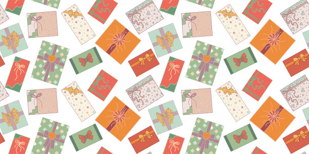 无缝模式。可爱的手绘彩色孤立的礼品盒顶部视图涂鸦风格。圣诞礼品盒或生日、聚会、周年纪念或新年的礼物。向量的背景图片下载