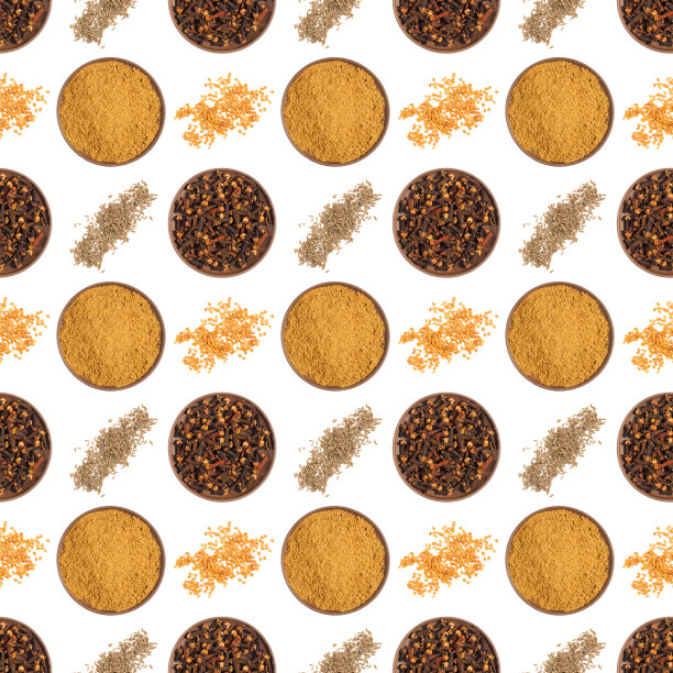 无缝的香料图案与马萨拉，丁香在粘土盘子，成堆的孜然(耶拉)，胡芦巴在白色背景。长宽比1:1图片下载