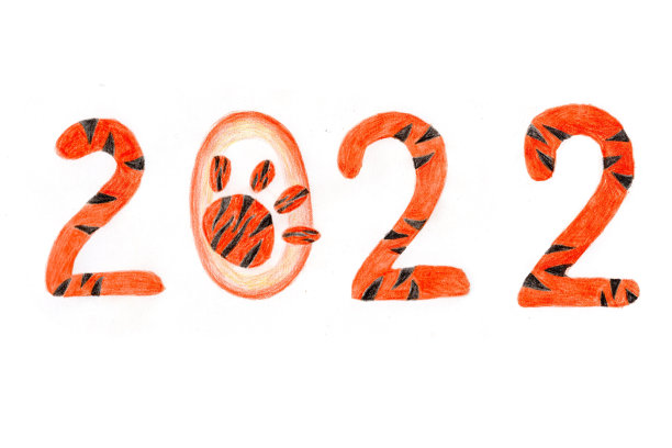 可爱的插图与老虎数字2022。老虎——用铅笔画的2022年新年的象征，上面有老虎爪印图片下载