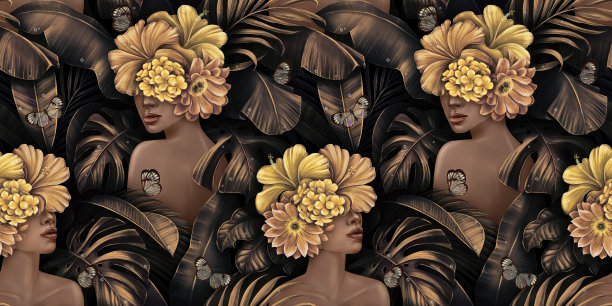 热带风情的金色无缝图案。深色皮肤的女人，芙蓉花，花束，鸡蛋花，怪物，棕榈，香蕉叶，蝴蝶，丛林。图片下载