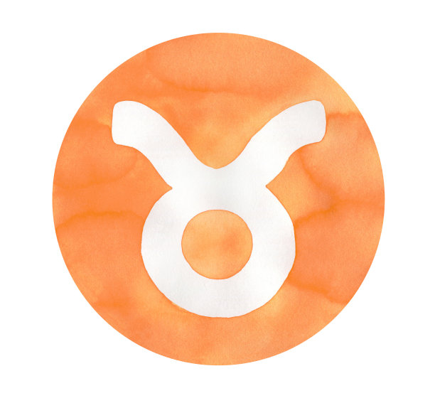 水彩插图圆形明亮的橙色形状与金牛星座。图片下载