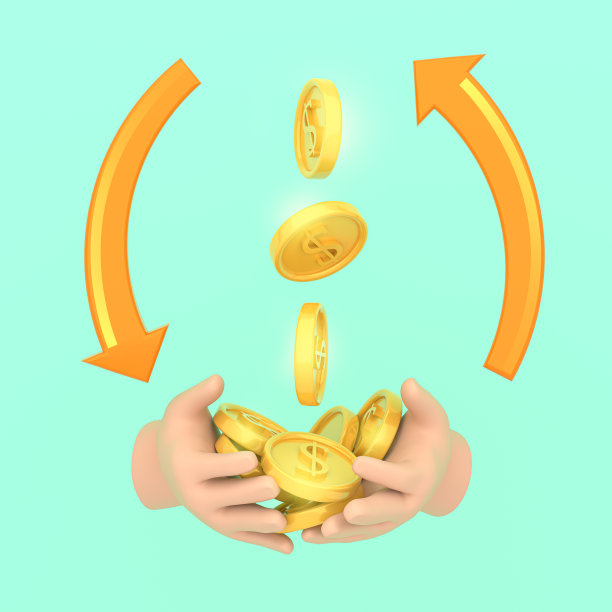 卡通手和带有彩色箭头的金币。退款的概念。现金返还。三维渲染图片下载
