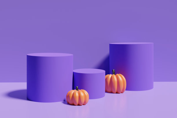 3d渲染紫色讲台与橙色南瓜在紫色背景万圣节图片下载
