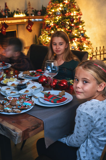 全家享用圣诞晚餐，有三文鱼片，扇贝，龙虾，虾和圣诞蛋糕图片下载