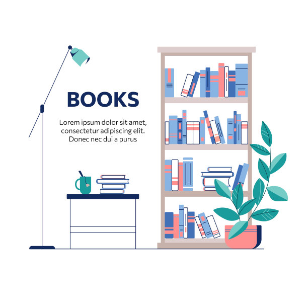 书架和桌子上放着书和一杯茶。书架矢量插图，平面风格的图书馆概念。图片下载