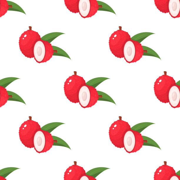无缝的图案与新鲜明亮的荔枝水果隔离在白色的背景。健康生活方式的夏季水果。有机水果。卡通风格。矢量插图的任何设计。图片下载