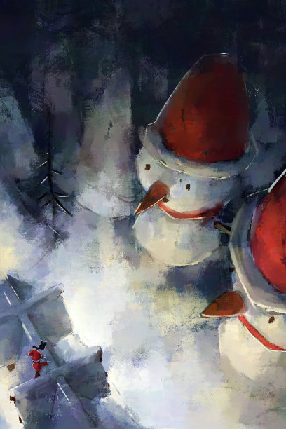 数字艺术绘画套小女孩看着巨大的雪人在冬季圣诞节。图片下载