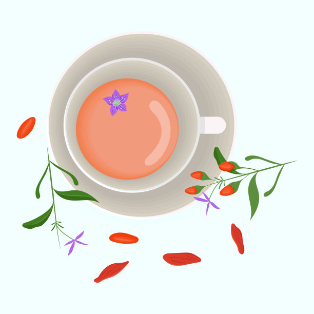 枸杞植物茶具装饰。平坦的插图。图片下载