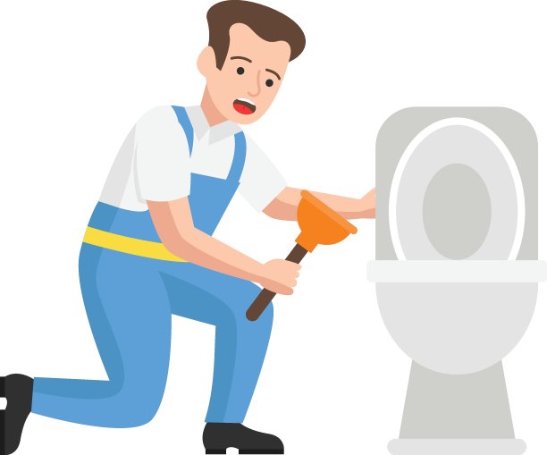水管工拿着活塞概念，工人修理马桶水箱或马桶矢量图标设计，水管工设备符号，勤杂工服务工程标志，卫生技术人员库存说明图片下载