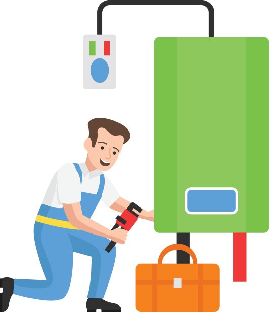 热水器或Combi锅炉维修概念，男子手持扳手和固定无水箱加热器矢量图标设计，水管工设备符号，勤杂工工作标志，卫生技术人员库存说明图片下载