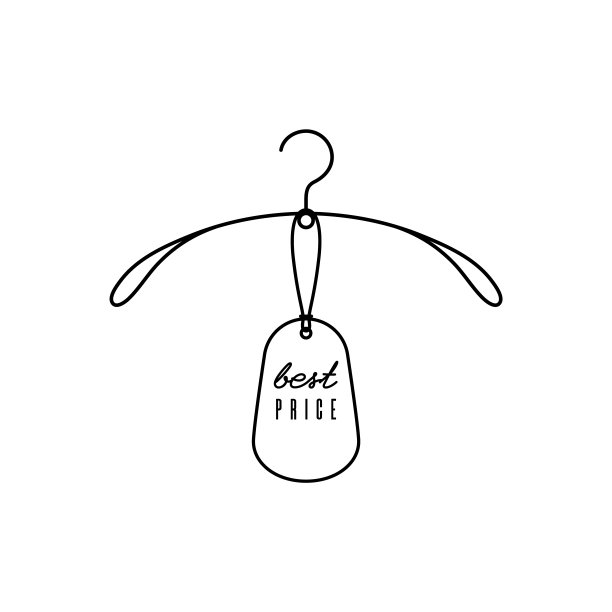 线条风格的衣架图标。挂有价格标签的衣架。标志，符号，标签，服装商店，时尚行业。简单的矢量图。物体的图形轮廓。图片下载