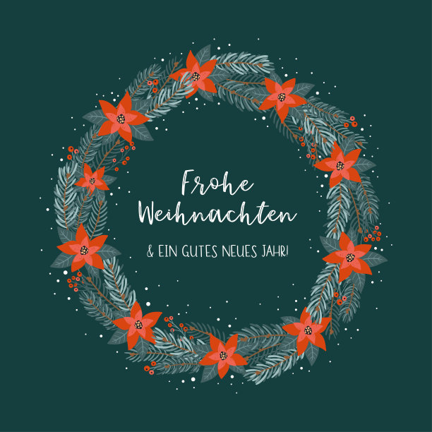 可爱的手绘圣诞花环与文字在德语“圣诞快乐，新年快乐”，伟大的旗帜，卡片，墙纸-矢量设计图片下载