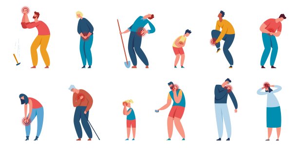 人在痛苦中，性格遭受各种身体的疼痛。男性和女性因肌肉或关节疼痛而引起的损伤或病媒集合图片下载