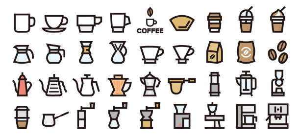 咖啡和咖啡师图标集(粗体轮廓颜色版本)图片下载