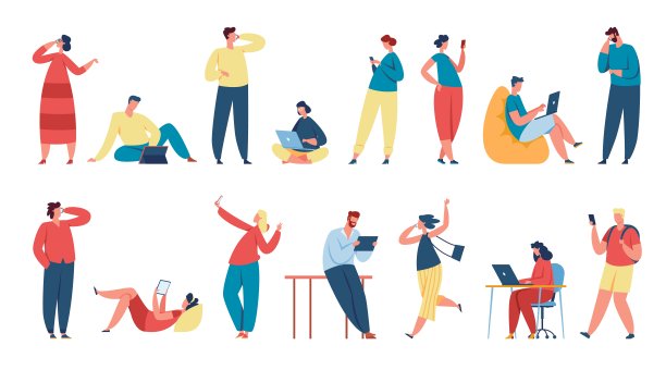 人们使用小工具，角色手持智能手机或平板电脑。学生用笔记本电脑学习，打电话或发短信图片下载