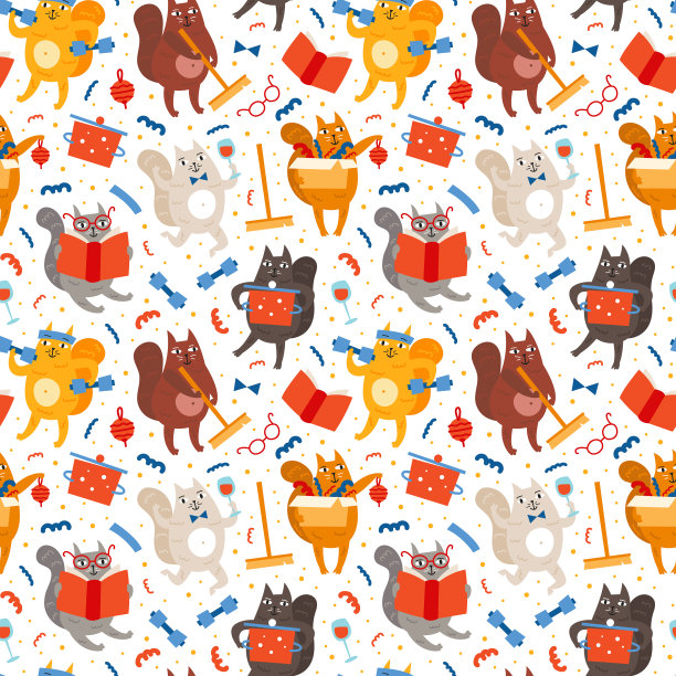 有趣的家猫在做家务。做饭，读书，打扫，庆祝，运动。无缝模式,纹理。可编辑的背景颜色。图片下载