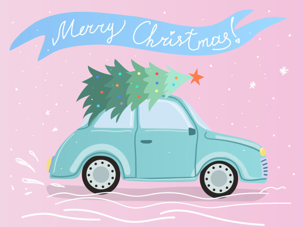 经典的蓝色复古车，车顶有棵圣诞树。新年明信片，请柬，贺卡。图片下载