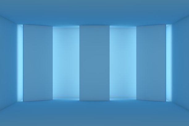 抽象的现代展厅室内设计与空混凝土地板和蓝色墙背景-大厅或舞台3d插图图片下载