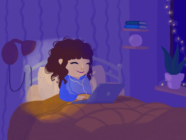 快乐可爱的小女孩在卧室。可爱的小女孩使用笔记本电脑在线教育插图图片下载