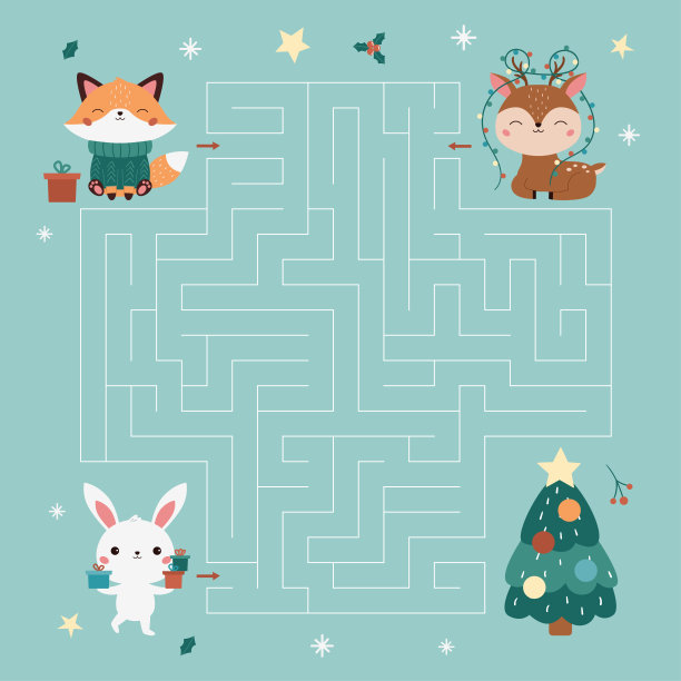 圣诞节迷宫游戏与林地动物。图片下载