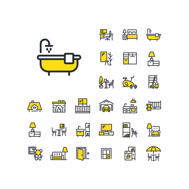 浴缸线图标设置在白色背景上。图片下载