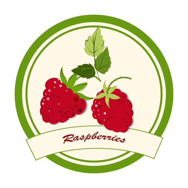 覆盆子果酱和果酱标签。成熟浆果果酱，甜点和果酱。平的风格。矢量插图。图片下载