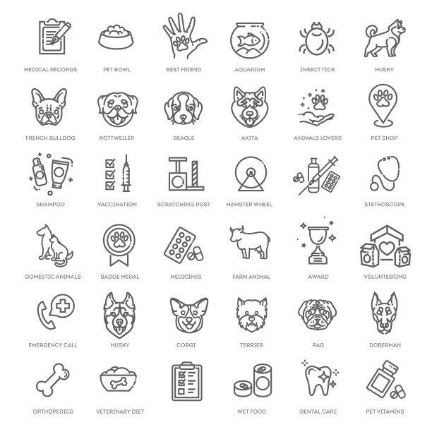 大向量集，大纲网络图标集-宠物，兽医，宠物商店，宠物类型图片下载