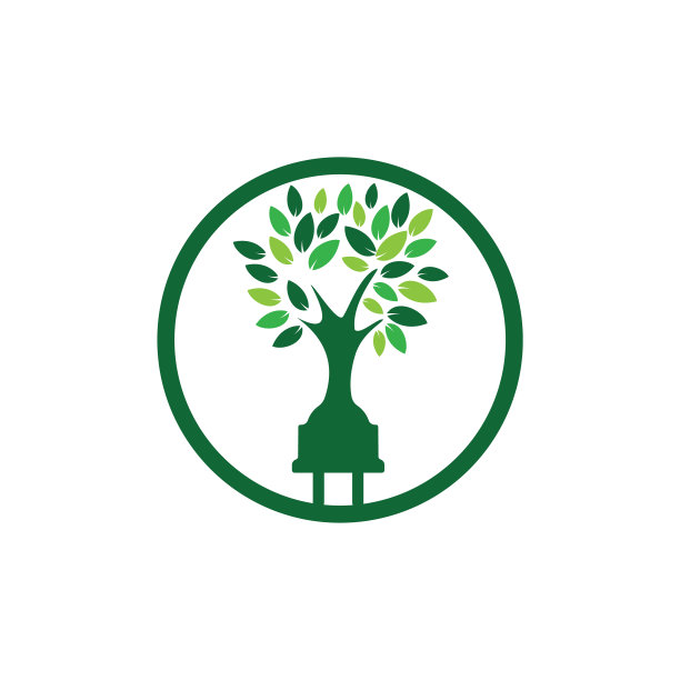 绿色能源电力标志概念。电动插头图标与树。图片下载