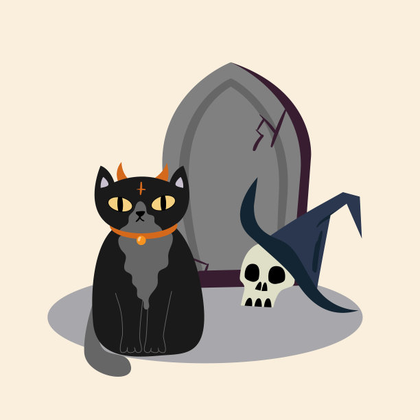万圣节插图黑猫，骷髅，女巫的帽子和墓碑图片下载