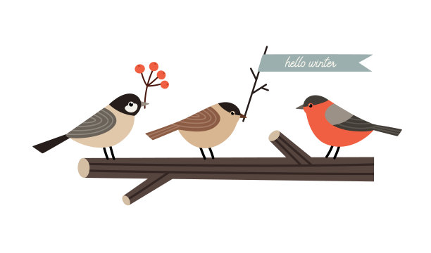 手绘的冬天卡片与树枝，birdі，浆果，和手的字母。图片下载