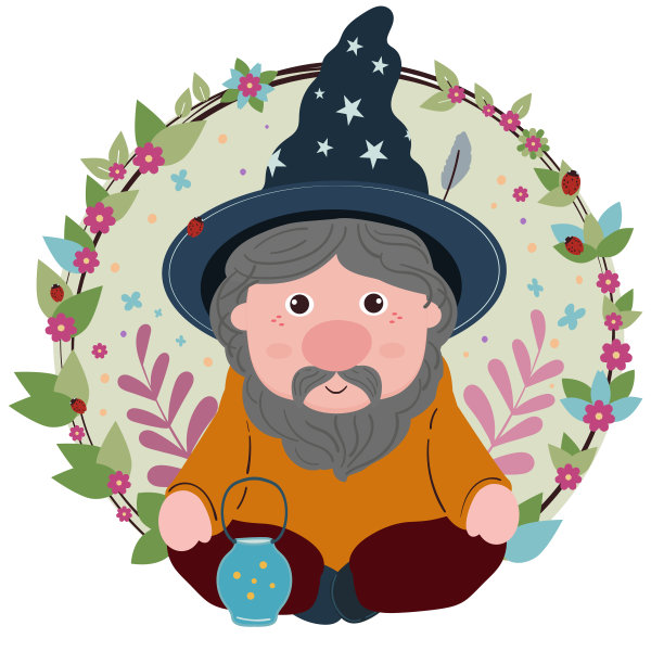 可爱的小矮人在巫师帽，矢量插图卡通风格，叶和花的背景图片下载